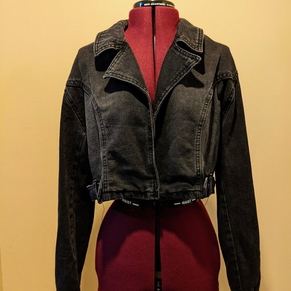 Madden NYC Women’s Cropped Denim Moto Jacket – Black Wash (Size L) - Picture 1 of 12